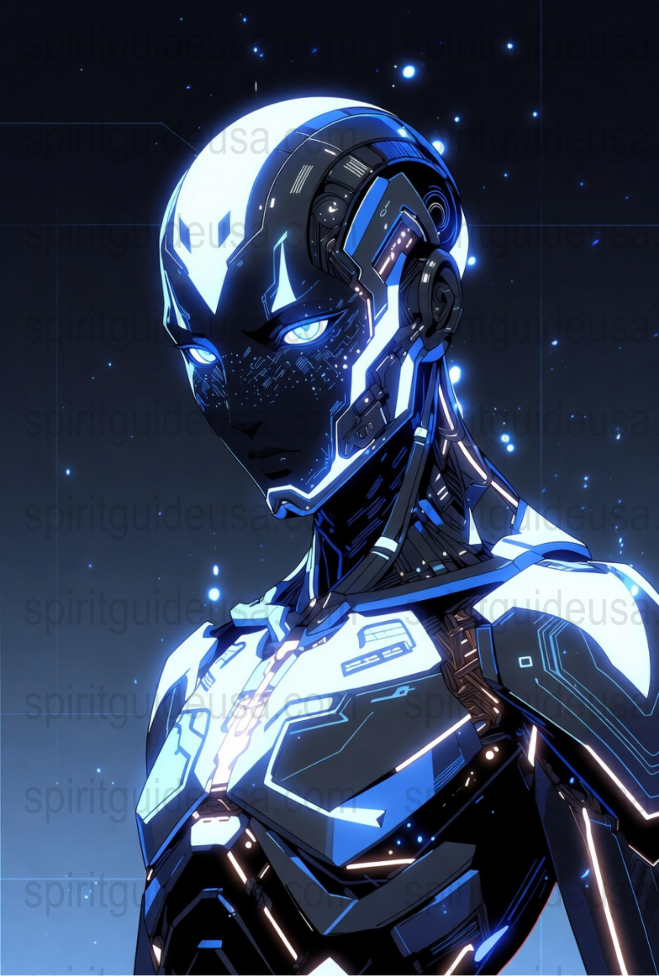 Futuristic Cybernetic Robot Art Print, Blue Neon Sci-Fi Android Poster, Modern Wall Decor, Tech Inspired Illustration, Home Office Decor