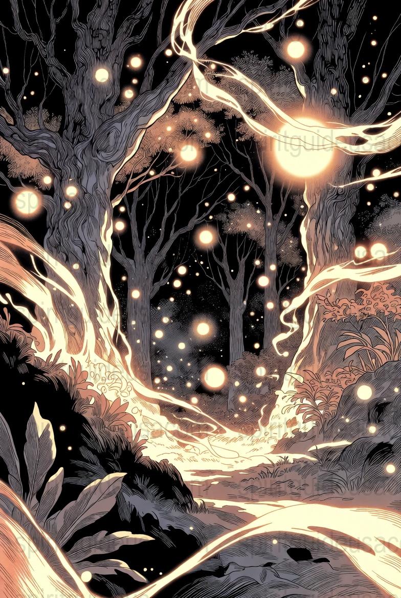 Enchanted Forest Art Print, Mystical Trees with Glowing Orbs, Nature Inspired Wall Decor, Fantasy Landscape Poster, Magical Woodland Scene