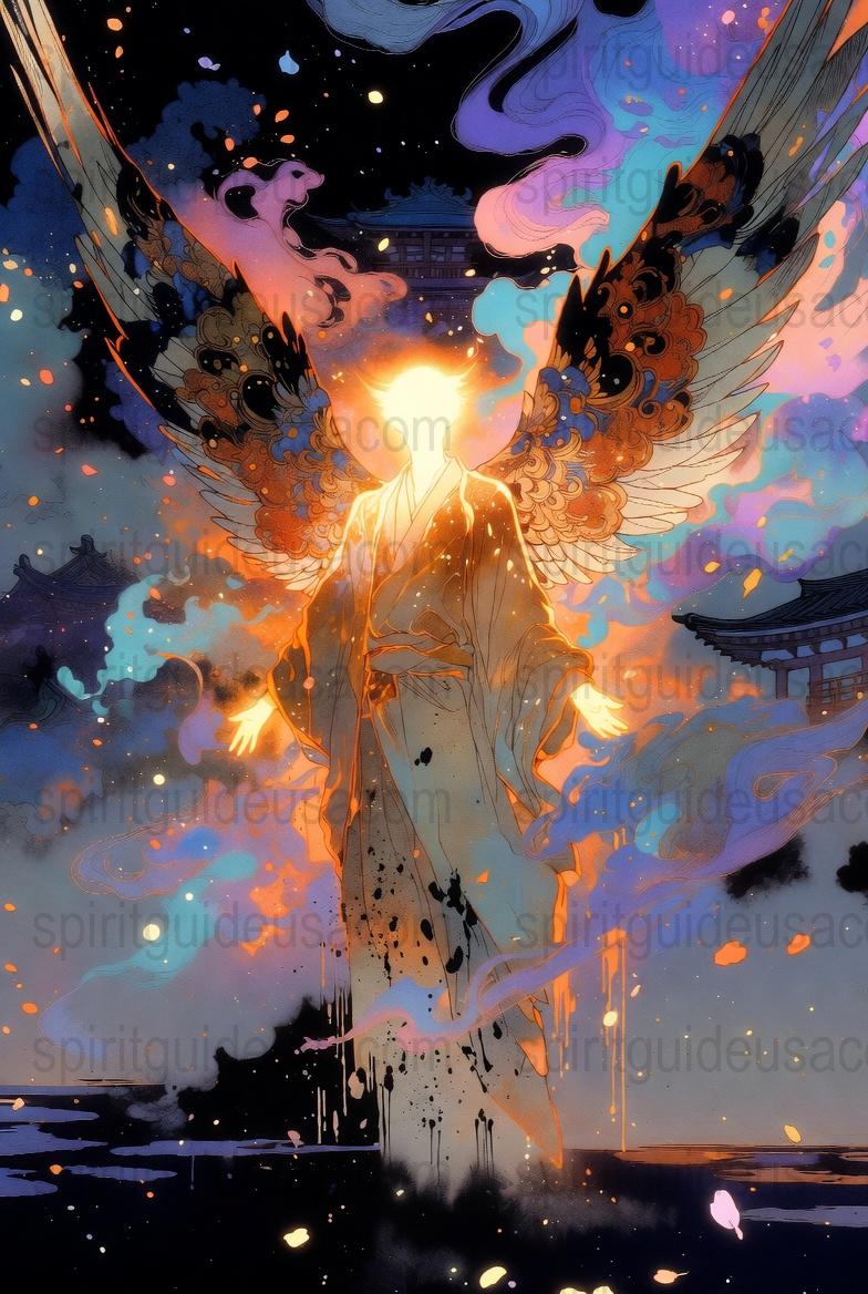 Mystical Angel Art Print, Celestial Being Wall Decor, Spiritual Poster, Fantasy Illustration, Ethereal Home Decoration, Vibrant Colors