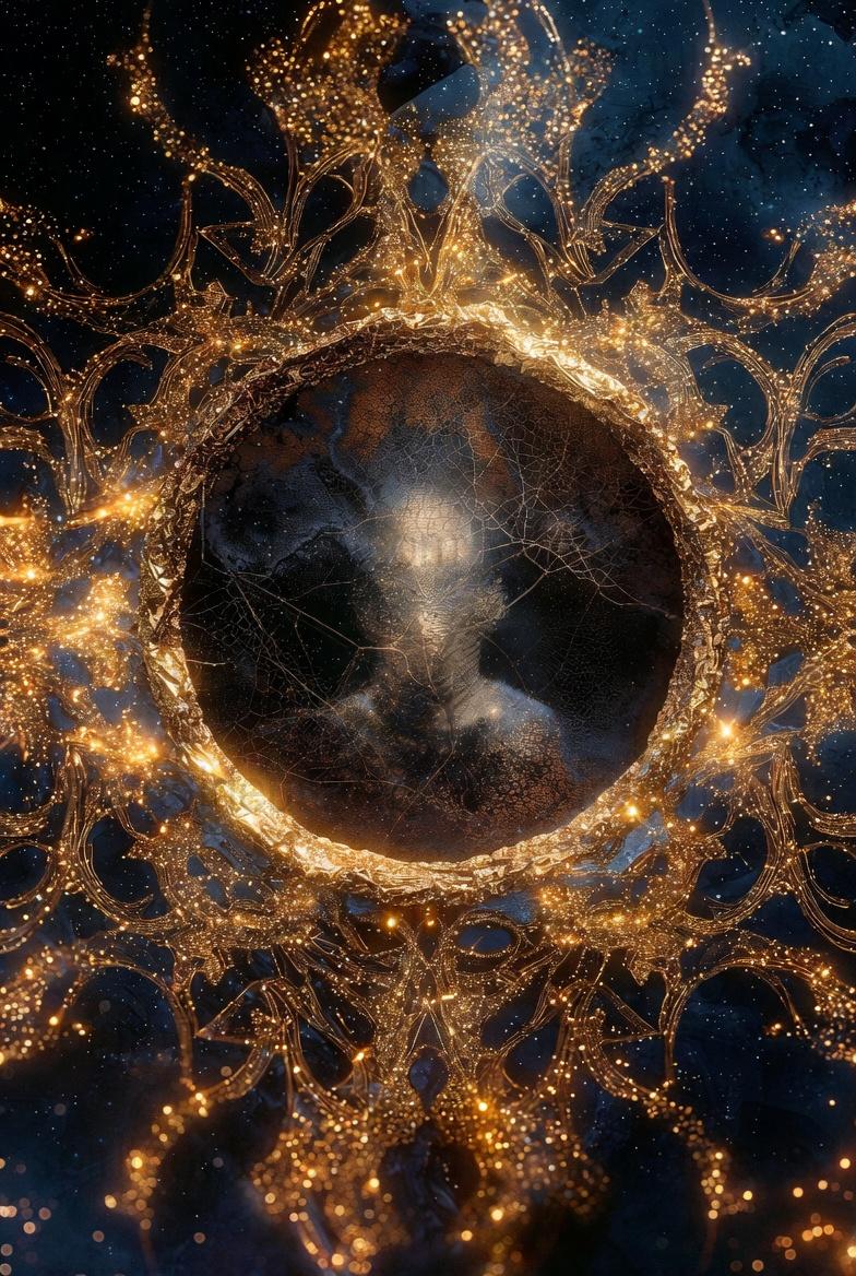 Mystical Cosmic Mirror Art Print, Celestial Gold Starburst Wall Decor, Fantasy Galactic Poster, Unique Astral Home Decoration