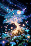Enchanted Forest Tree Art Print, Magical Landscape, Glowing Mushrooms, Fantasy Wall Decor, Celestial Night Sky, Fairy Lights, Mystical