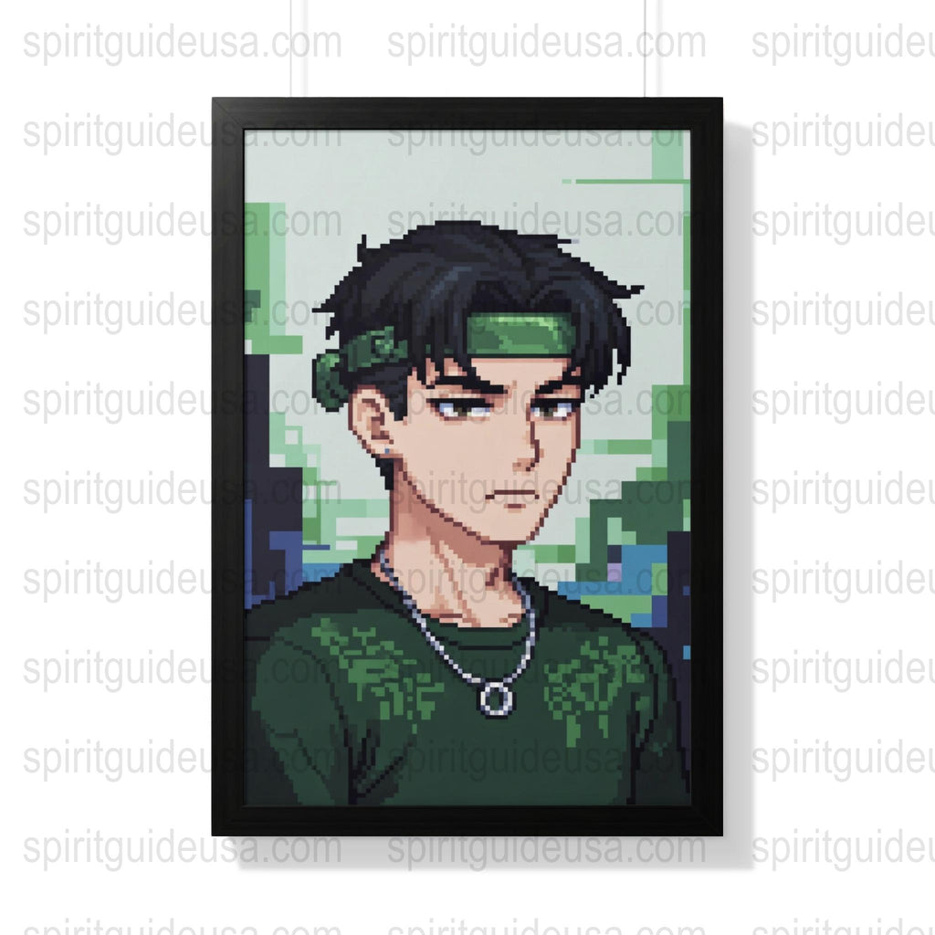 Pixel Art Print, Anime Style Male Character, Green Headband, Black Frame, Wall Decor, Unique Digital Artwork, Gift Idea