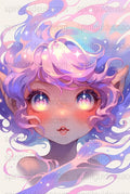 Anime Fantasy Art Print, Pastel Pink and Blue, Starry Eyed Girl Poster, Magical Wall Decor, Digital Illustration, Manga Style Artwork