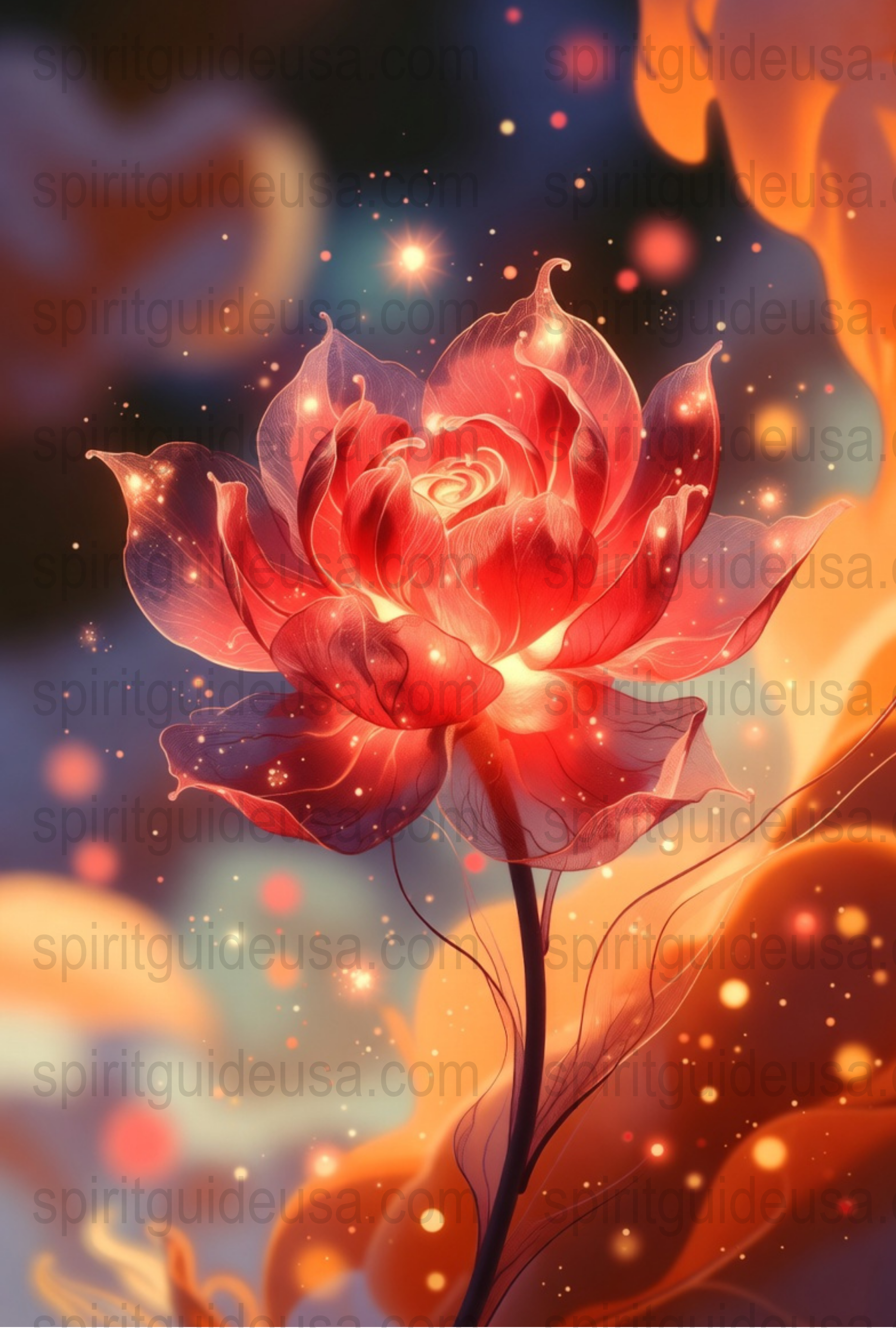 Mystical Fire Lotus Flower Art Print, Spiritual Wall Decor, Vibrant Red Floral Poster