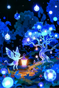 Enchanted Forest Night Light, Fairy and Tree Art Print, Magical Blue Glow, Fantasy Wall Decor