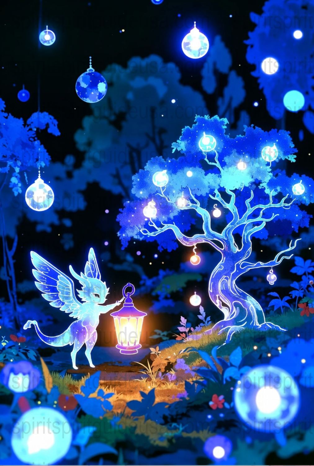 Enchanted Forest Night Light, Fairy and Tree Art Print, Magical Blue Glow, Fantasy Wall Decor