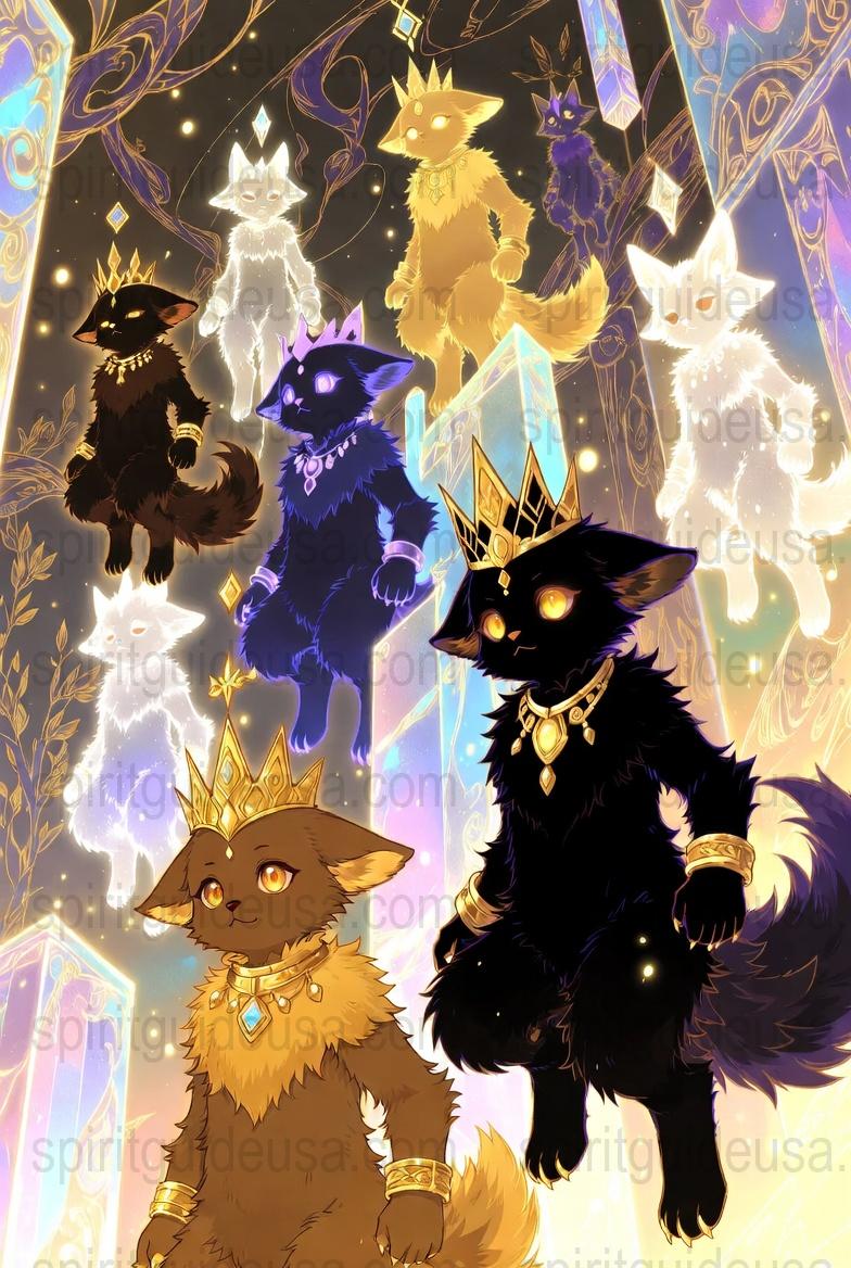 Mystical Cat Art Print, Celestial Feline Poster, Magical Black Cats with Crowns, Fantasy Animal Wall Decor, Starry Night Background