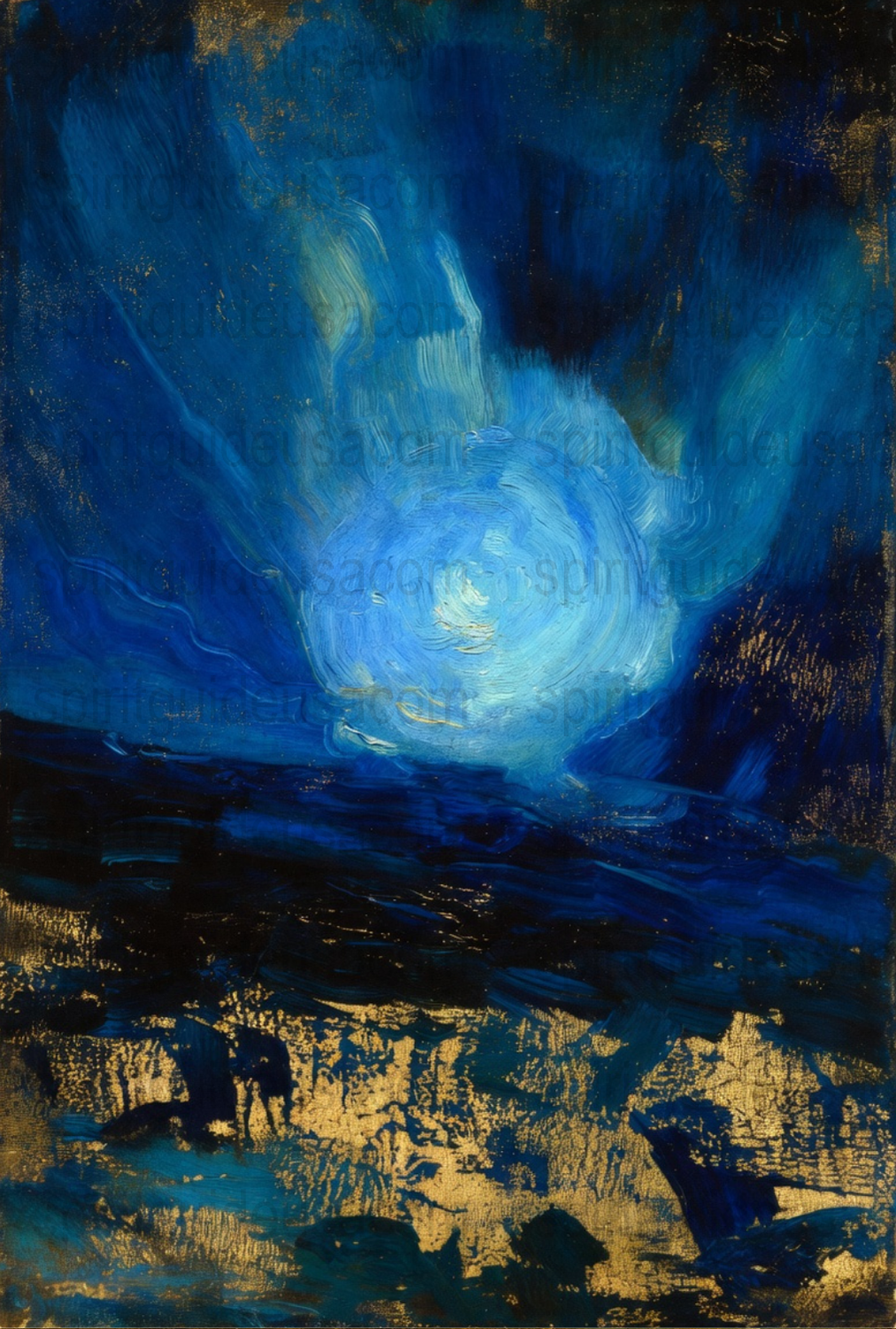 Abstract Blue and Gold Canvas Art Print, Modern Ocean Wave Wall Decor, Large Painting