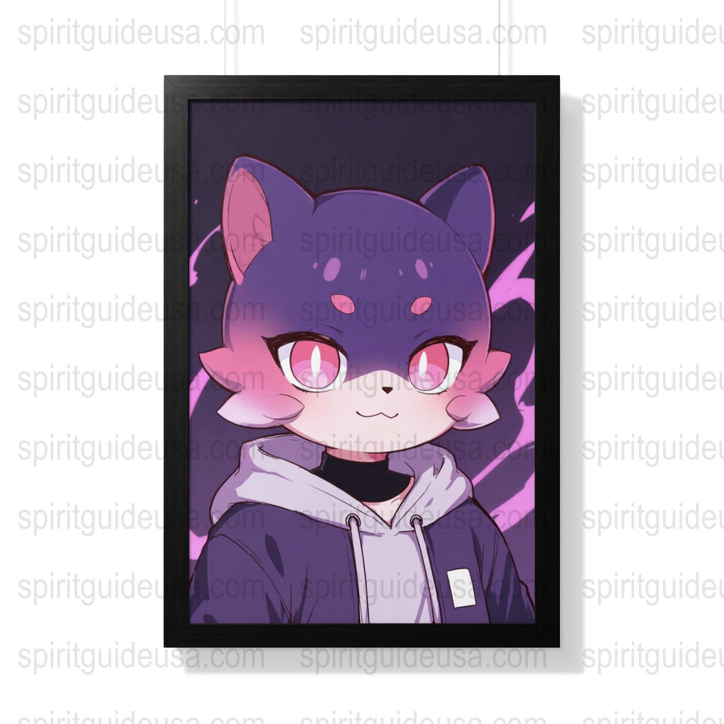 Anime Cat Poster, Cute Purple Cat Artwork, Framed Kawaii Bedroom Wall Decor, Manga Style Illustration
