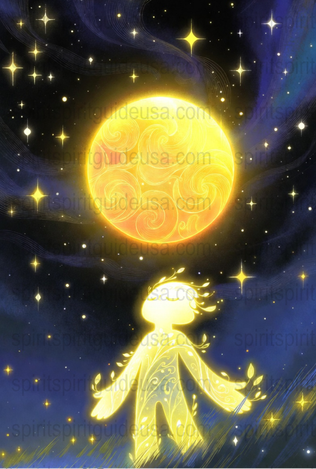 Mystical Starry Night Print, Celestial Art, Moon and Stars Wall Decor, Spiritual Golden Yellow Poster