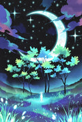 Enchanted Forest Night Scene Art Print, Moonlit Trees and Stars, Magical Landscape Poster, Mystical Nature Wall Decor