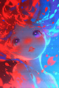 Abstract Blue and Red Digital Art Print, Modern Fantasy Female Portrait, Vibrant Wall Decor