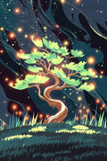 Whimsical Tree Art Print, Starry Night Sky, Fantasy Forest Wall Decor, Enchanted Nature Illustration, Home Decoration