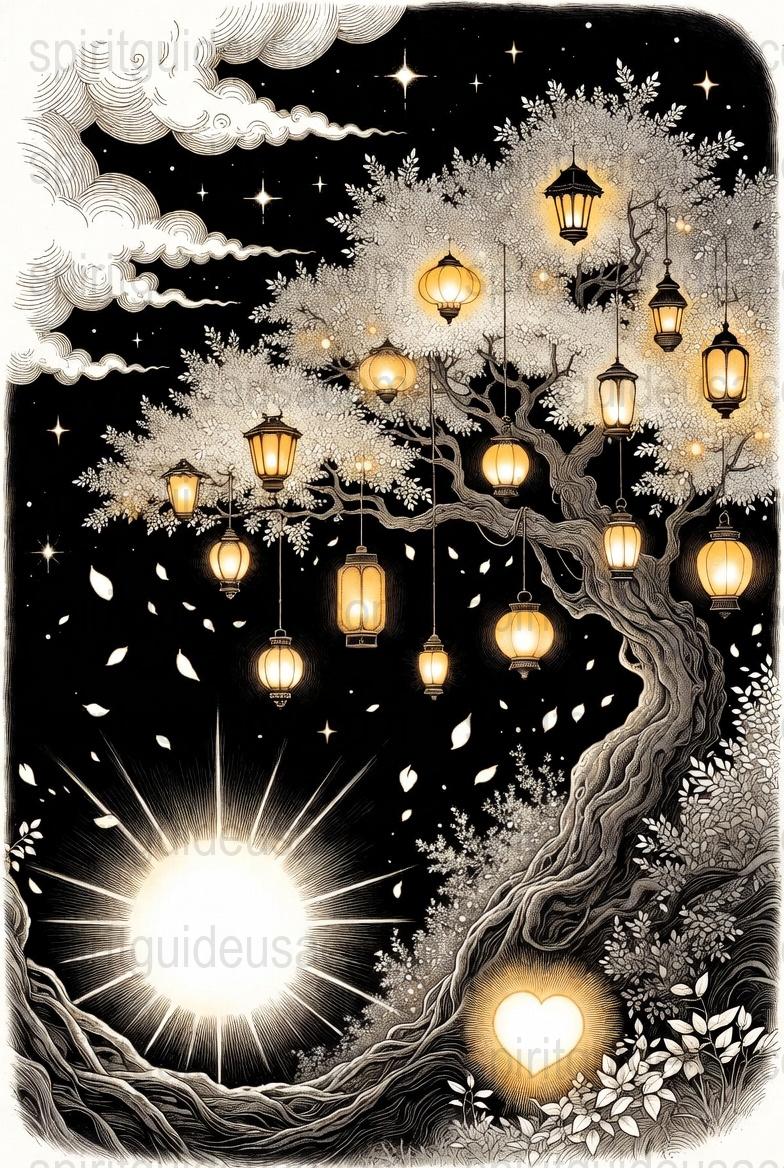 Enchanted Night Sky Lanterns Art Print, Mystical Tree with Glowing Lights, Celestial Wall Decor, Fantasy Illustration, Moon and Stars