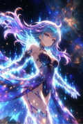 Anime Space Girl Poster, Vibrant Galaxy Background, Blue Hair Fantasy Art Print, Unique Wall Decor