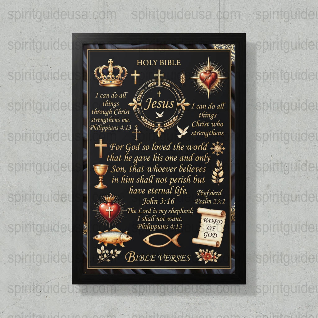 Framed Christian Wall Art, Bible Verses Print, Inspirational Scripture Home Decor, Religious Gift Idea, Black and Gold Artwork