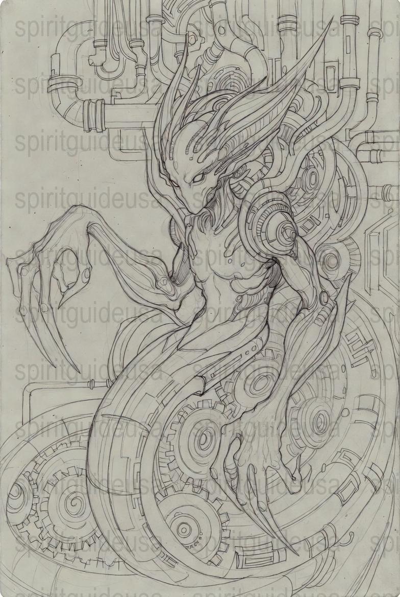 Cyberpunk Fantasy Art Print, Intricate Mechanical Alien Drawing, Sci-Fi Wall Decor, Unique Gift