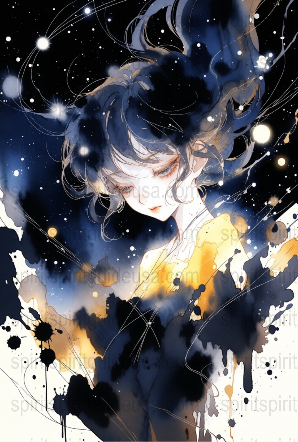 Starry Night Girl Art Print, Celestial Watercolor Painting, Dreamy Wall Decor, Fantasy Artwork, Space-Inspired Illustration