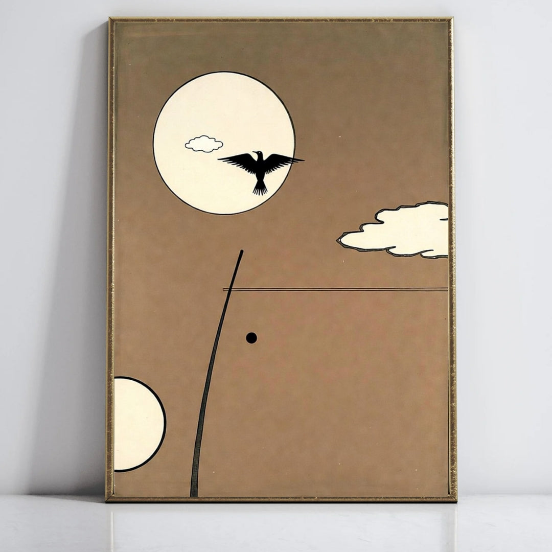 Minimalist Bird and Moon Wall Art, Vintage Style Black and White Decor, Modern Abstract Poster