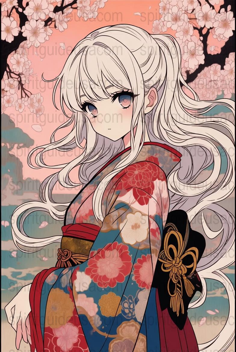 Anime Art Print, Cherry Blossom Background, Traditional Kimono Girl, Decorative Wall Art, Floral Japanese Style Illustration