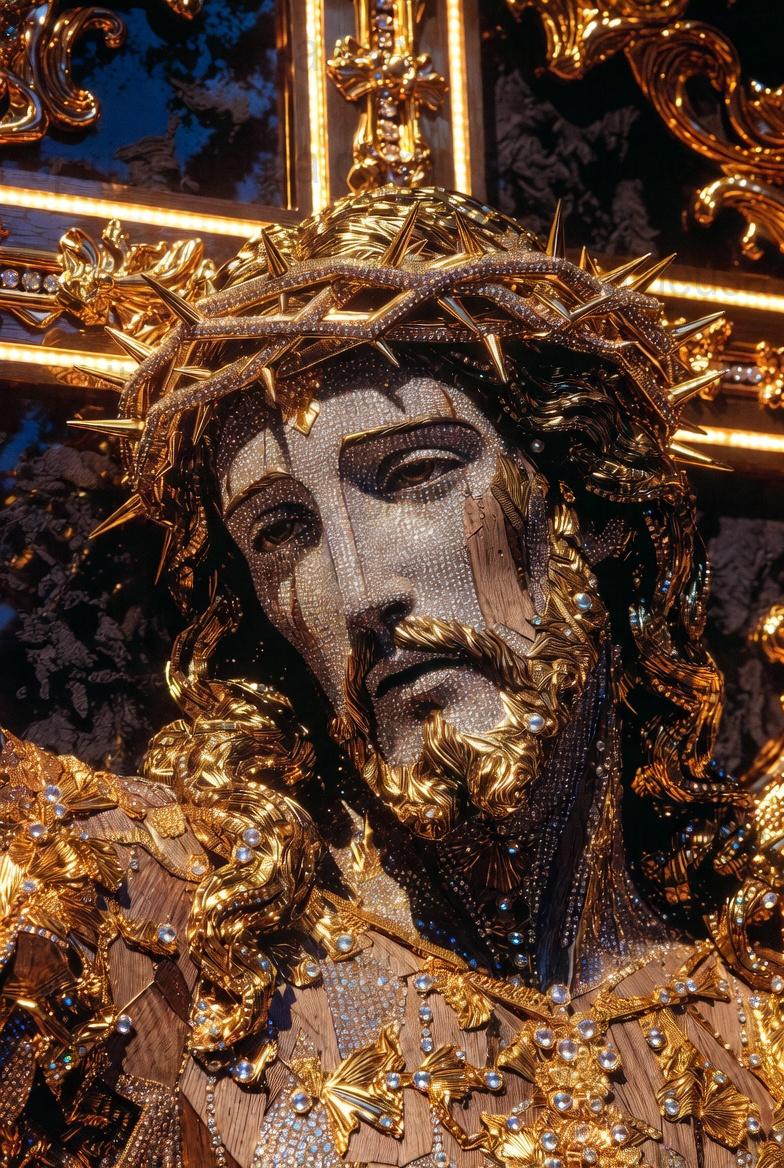 Ornate Gold Embroidered Jesus Christ Icon Religious Artwork for Wall Decor