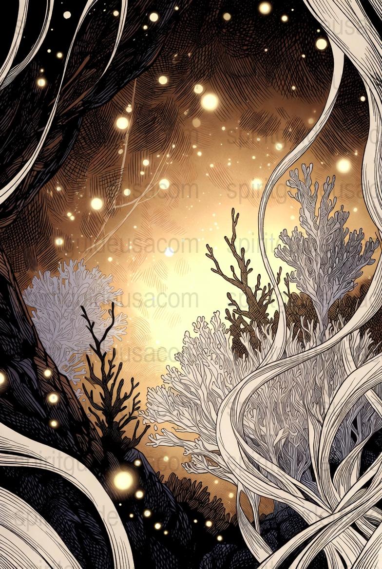 Enchanted Forest Art Print, Mystical Trees with Golden Lights, Nature Wall Decor, Fantasy Illustration, Magical Woods Poster