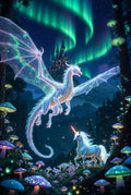 Fantasy Art Poster, Dragon and Unicorn, Northern Lights, Enchanted Forest, Mystical Creatures, Wall Decor, Gift Idea