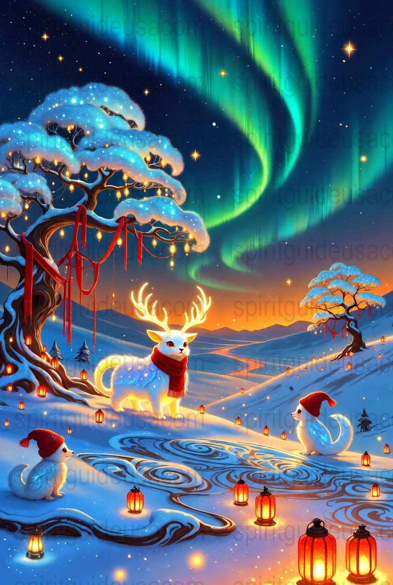 Magical Winter Night Print, Northern Lights, Reindeer and Snow Art Poster, Fantasy Landscape Wall Decor, Vibrant Holiday Illustration