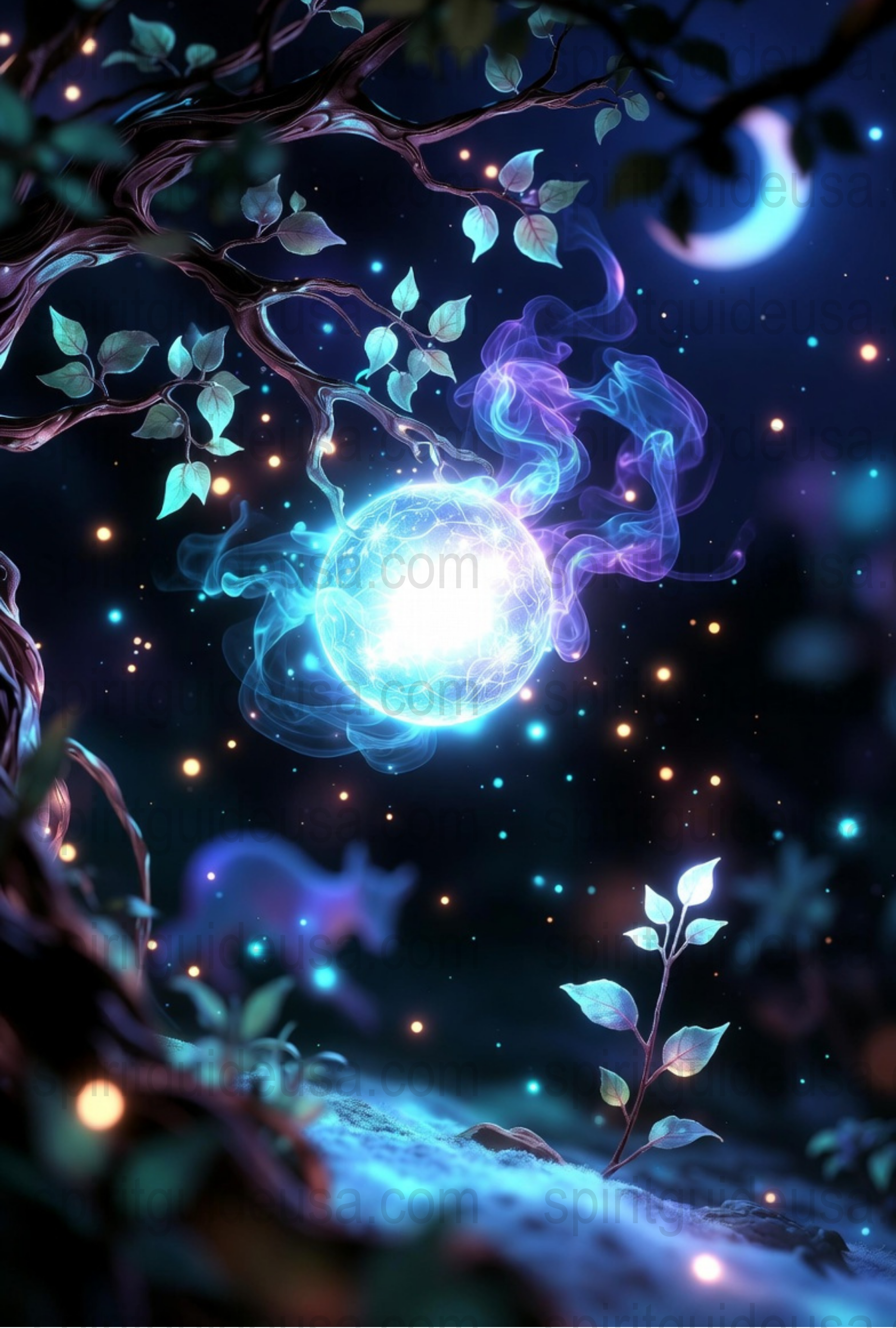 Mystical Forest Night Light Art Print, Enchanted Glowing Orb, Magical Trees and Stars Poster, Fantasy Wall Decor