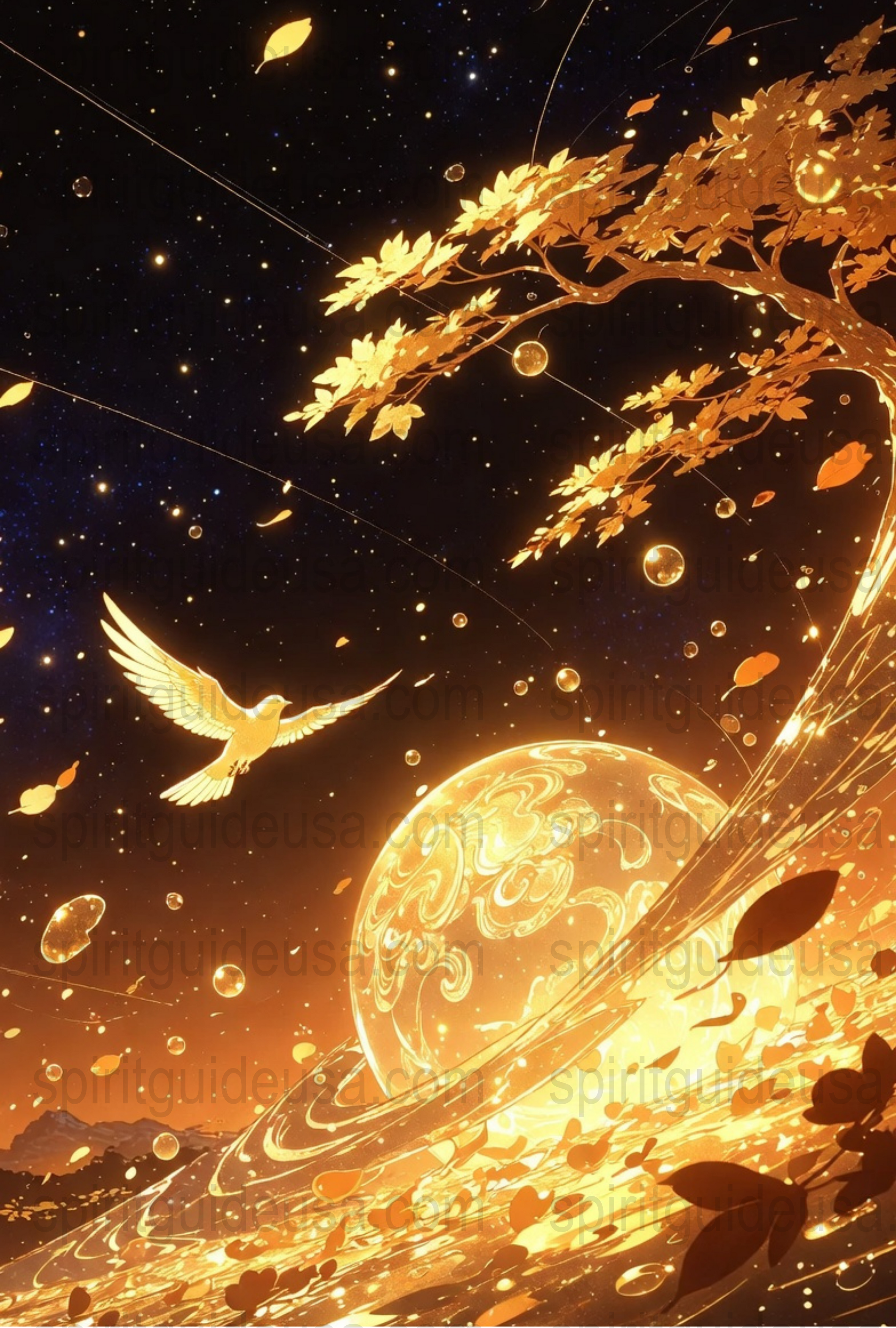 Golden Autumn Leaves Fantasy Art Poster, Celestial Bird and Glowing Orbs Print