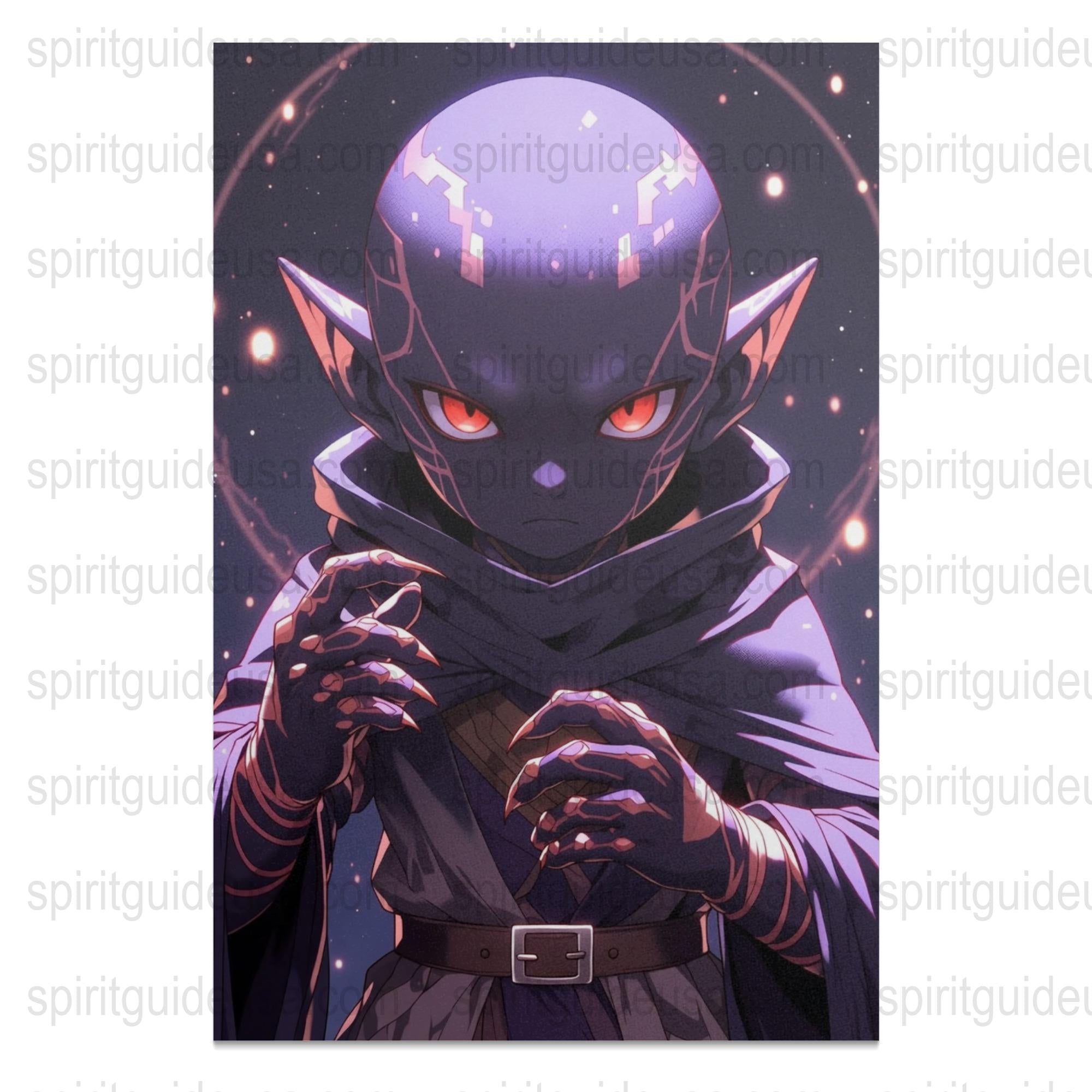 Fantasy Art Poster, Mysterious Red-Eyed Character, Dark Hooded Figure, Galaxy Background Print