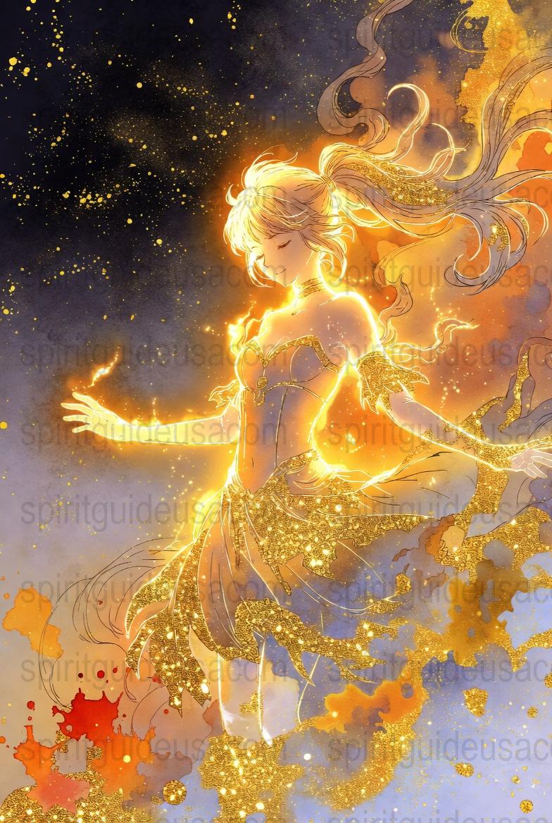 Fantasy Art Print, Golden Fire Fairy Illustration, Sparkling Stars Wall Decor, Mystical Fantasy Artwork for Home