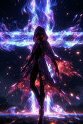 Mystical Hooded Figure Art Print, Neon Fantasy Poster, Cosmic Warrior Wall Decor, Vibrant Digital Artwork