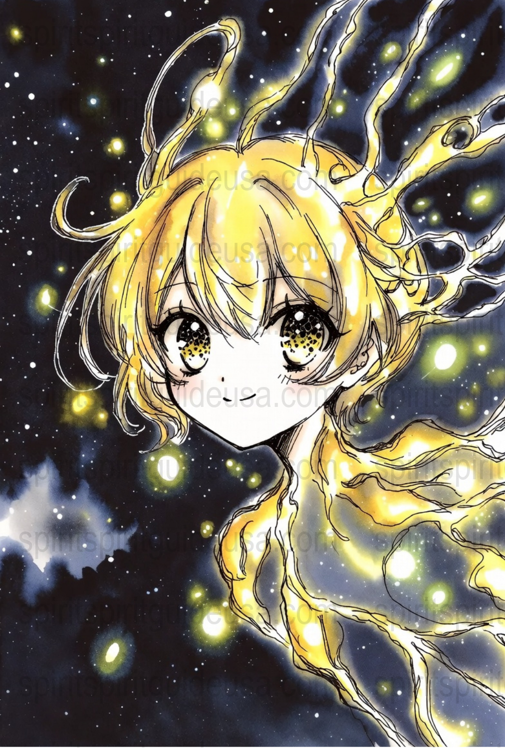Anime Art Print, Starry Night Blonde Girl Illustration, Magical Fantasy Poster, Wall Decor for Bedroom, Unique Gift for Anime Fans