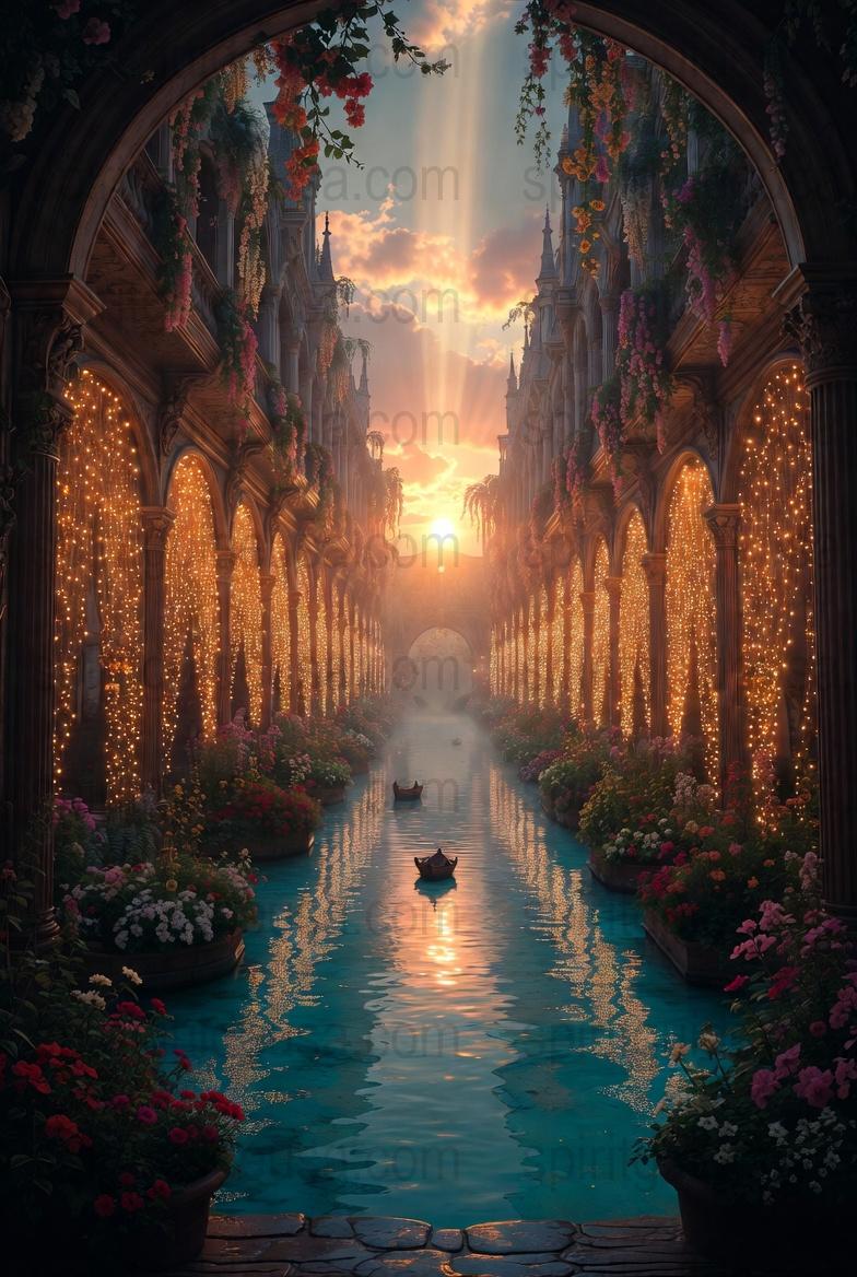 Enchanted Evening Canal Print, Romantic Venice Scene with Flowers and Lights, Fantasy Artwork Wall Decor, Magical Waterway Poster