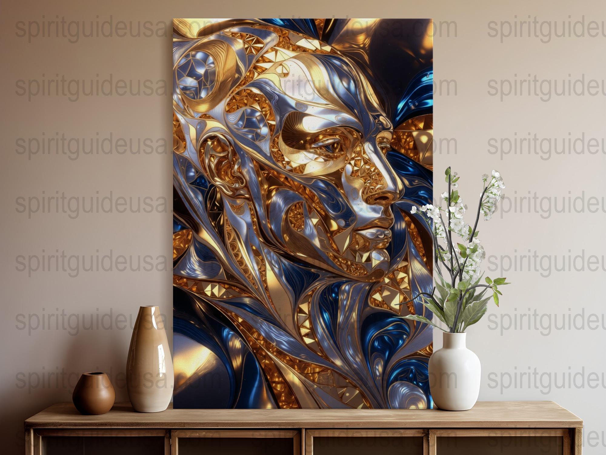 Large Abstract Golden Face Canvas Art, Modern Interior Decor, Unique Wall Hanging, Contemporary Living Room Artwork