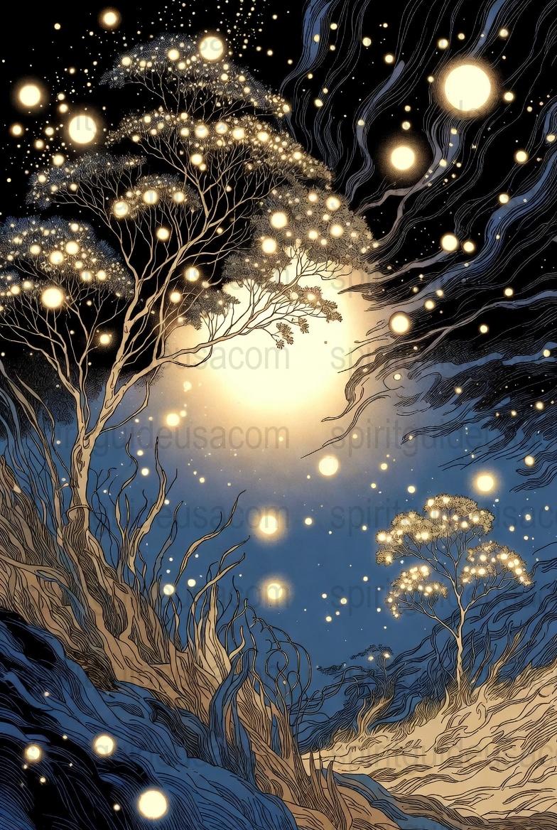 Enchanting Night Sky Trees Wall Art, Starry Landscape Print, Moonlight Forest Poster, Fantasy Nature Decor, Mystical Outdoor Scenery