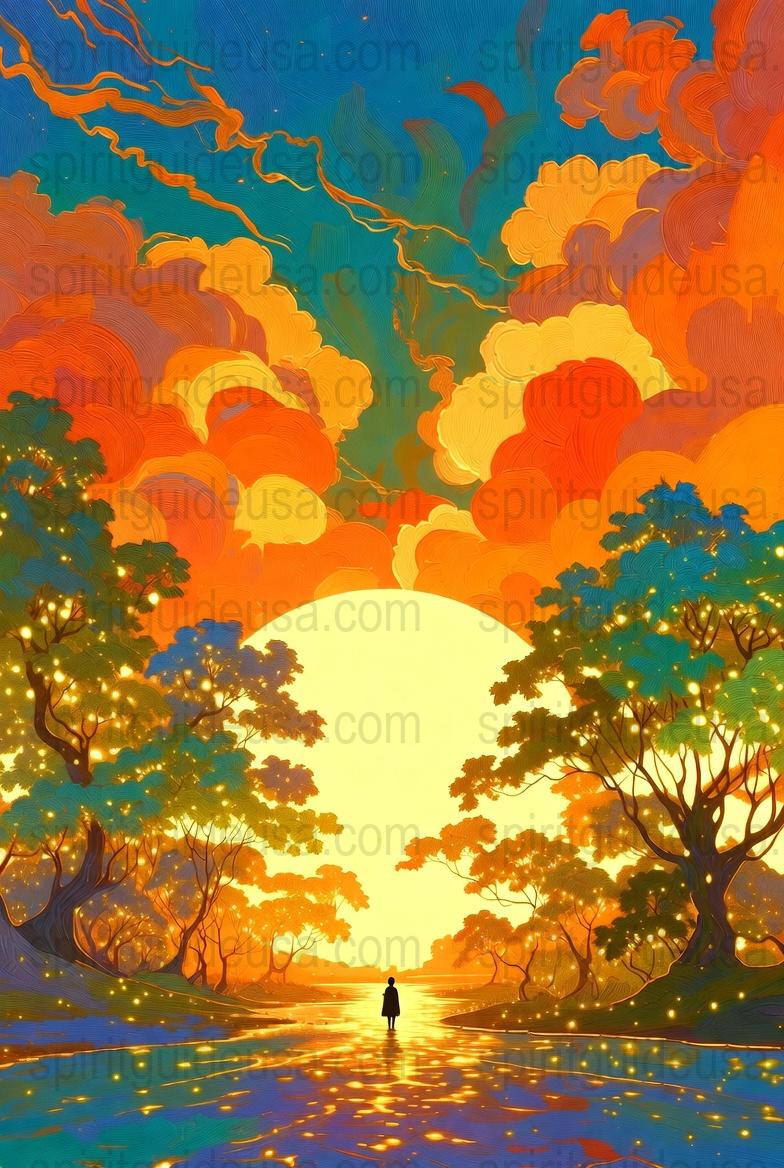 Vibrant Sunset Landscape Art Print, Colorful Nature Scene Poster, Surreal Tree Silhouette Wall Decor