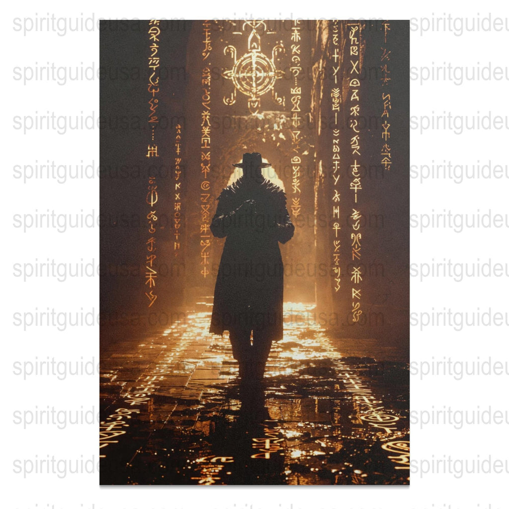 Mystical Temple Art Print, Spiritual Monk Poster, Ancient Symbols Wall Decor, Meditation Room Artwork, Enigmatic Home Decor