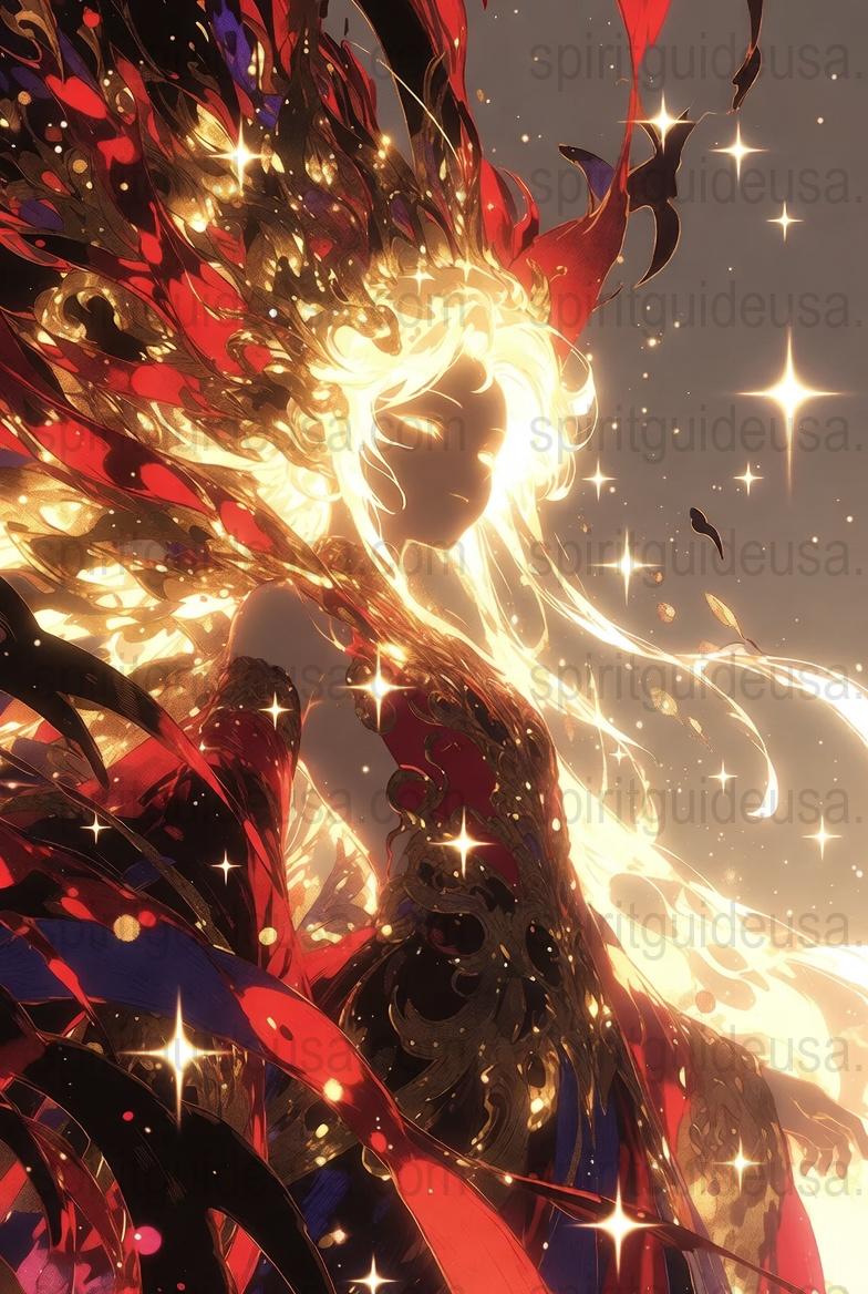 Fantasy Art Print, Cosmic Warrior with Stars and Flames, Vibrant Wall Decor, Unique Anime Style Poster