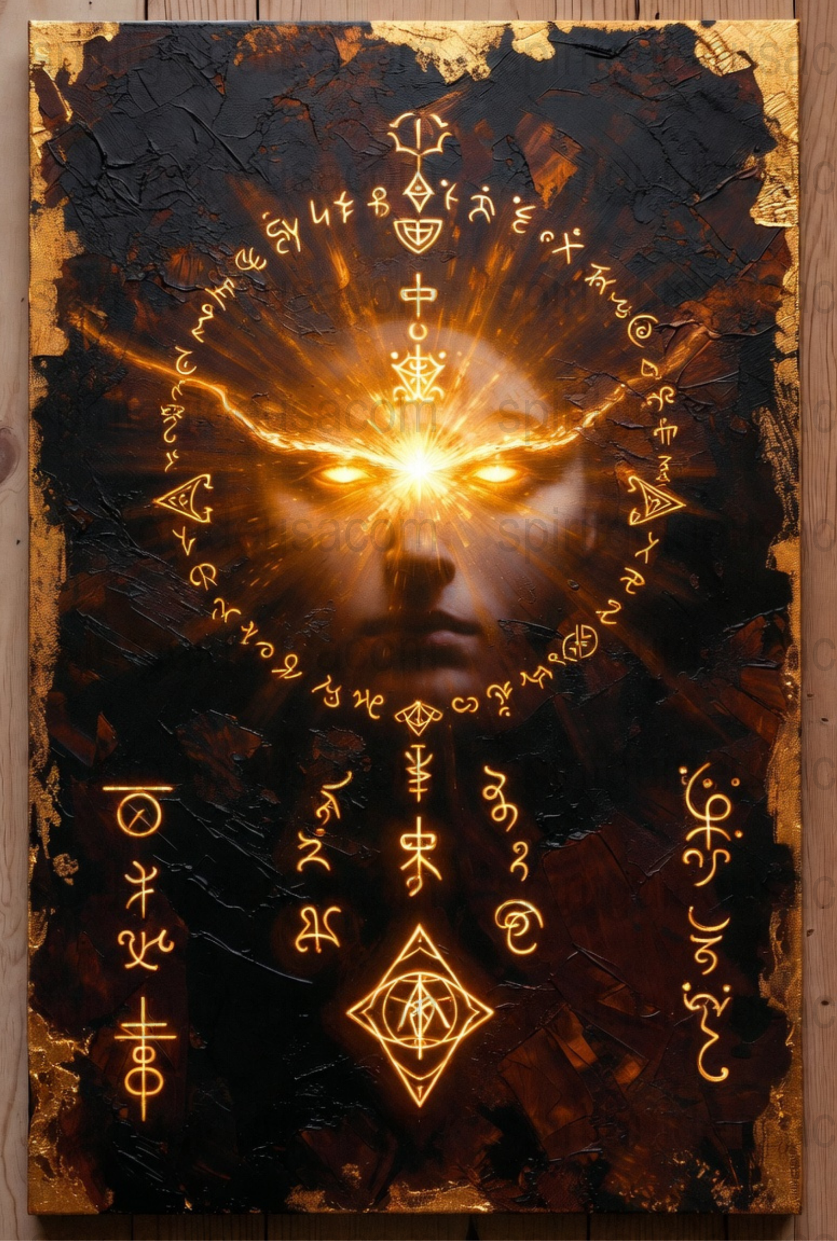 Mystical Canvas Print, Occult Wall Art, Abstract Face with Symbols, Golden Eyes Painting, Esoteric Home Decor, Dark Aesthetic Artwork