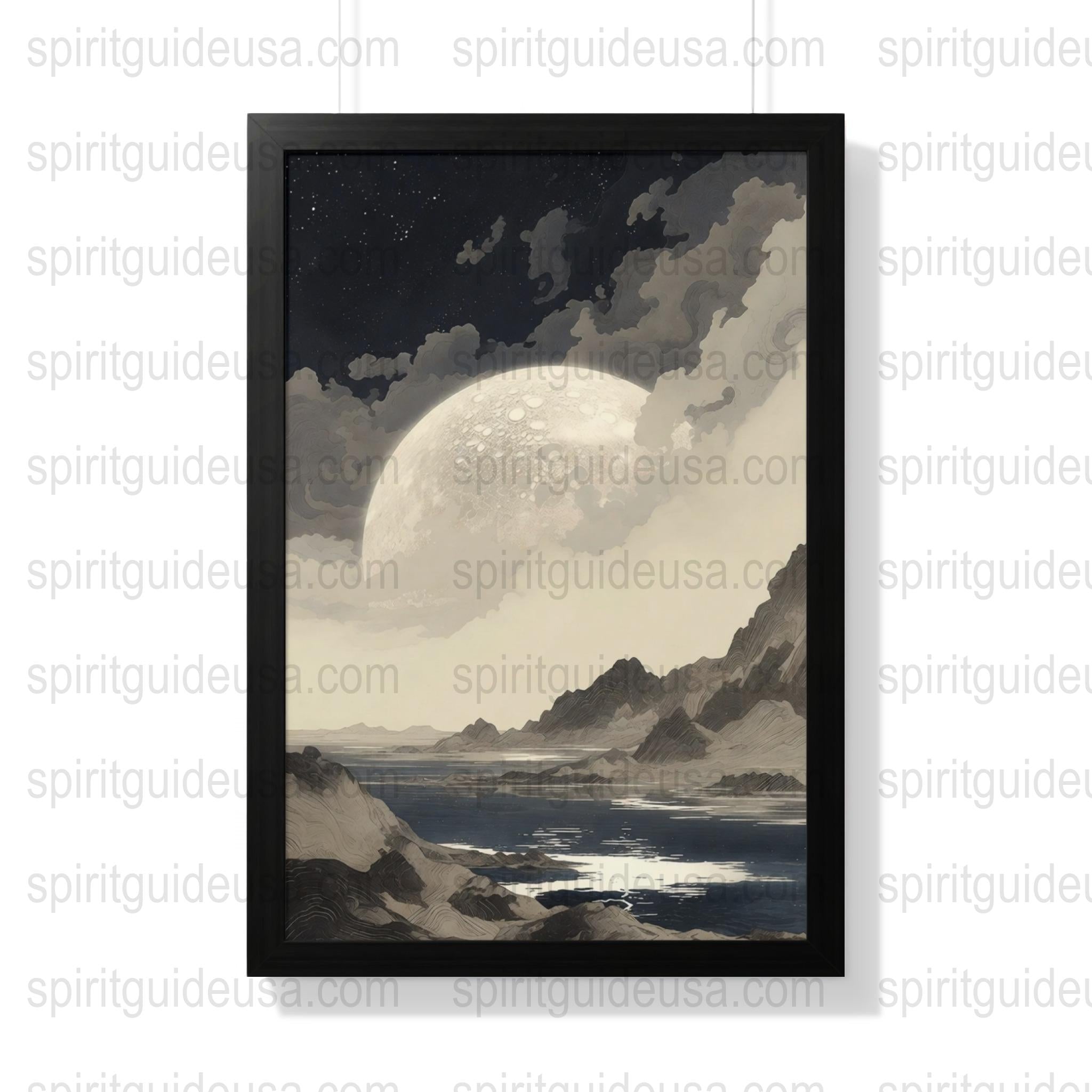 Large Moonlight Lake Landscape Print, Mystical Night Sky Wall Art, Framed Nature Scenery Decor