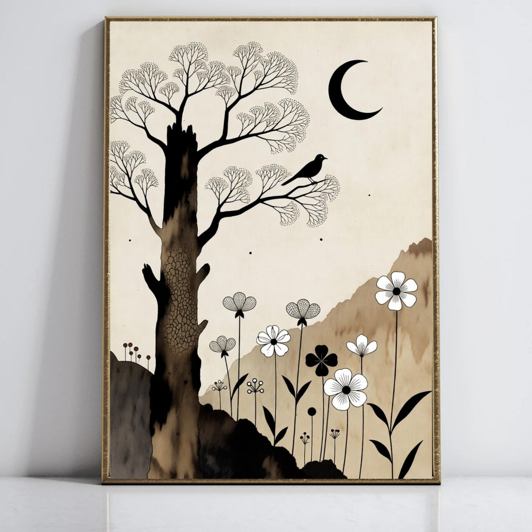 Vintage Tree Wall Art Print, Moon and Flowers, Black and White Minimalist Decor