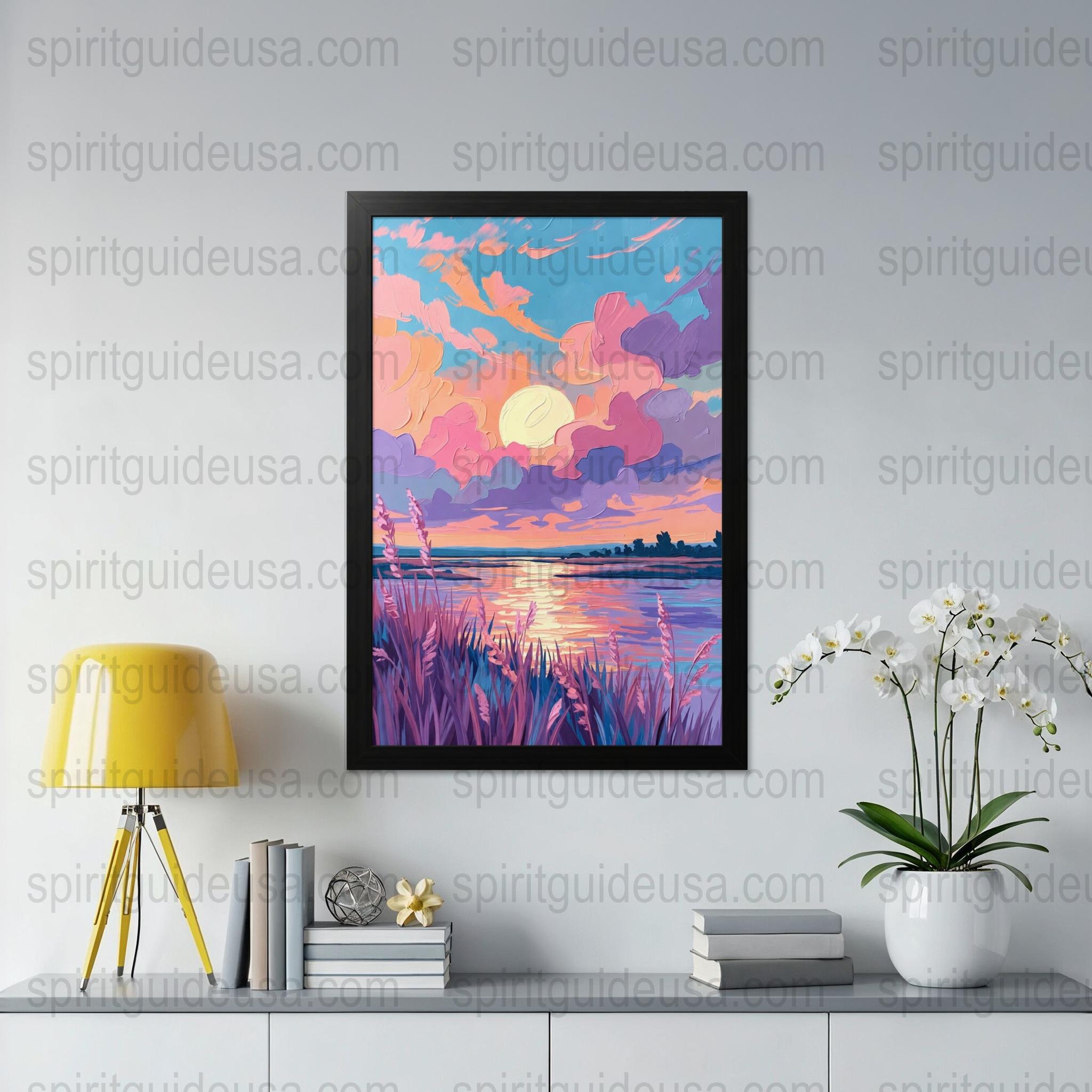 Colorful Landscape Canvas Print, Sunset Lake Wall Art, Modern Home Decor, Vibrant Nature Painting, Large Artwork for Living Room