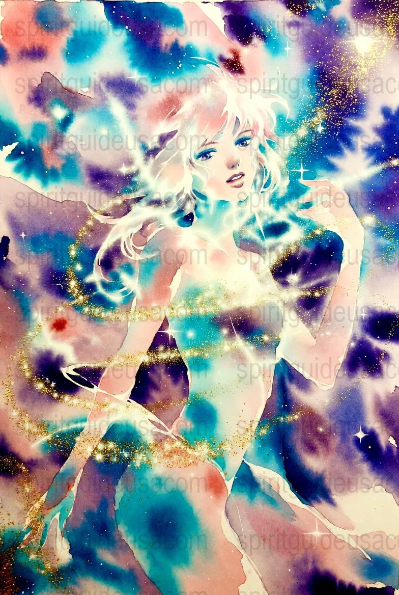 Enchanted Cosmic Watercolor Print, Fantasy Artwork, Celestial Wall Decor, Space Girl Portrait, Spiritual Gift, Modern Abstract Starry Art