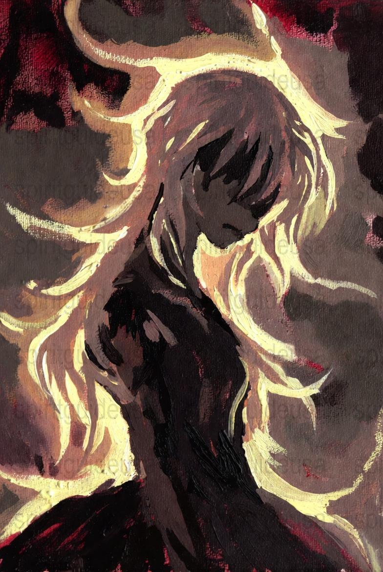 Gothic Anime Art Print, Dark Fantasy Girl with Golden Flames, Mysterious Wall Decor Canvas