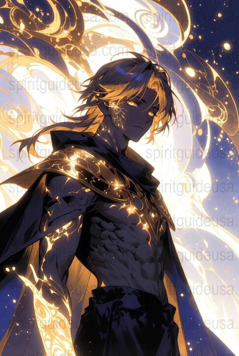 Mystical Anime Character Poster, Celestial Fantasy Art Print, Cosmic Warrior Wall Decor, Starry Night Sky Illustration