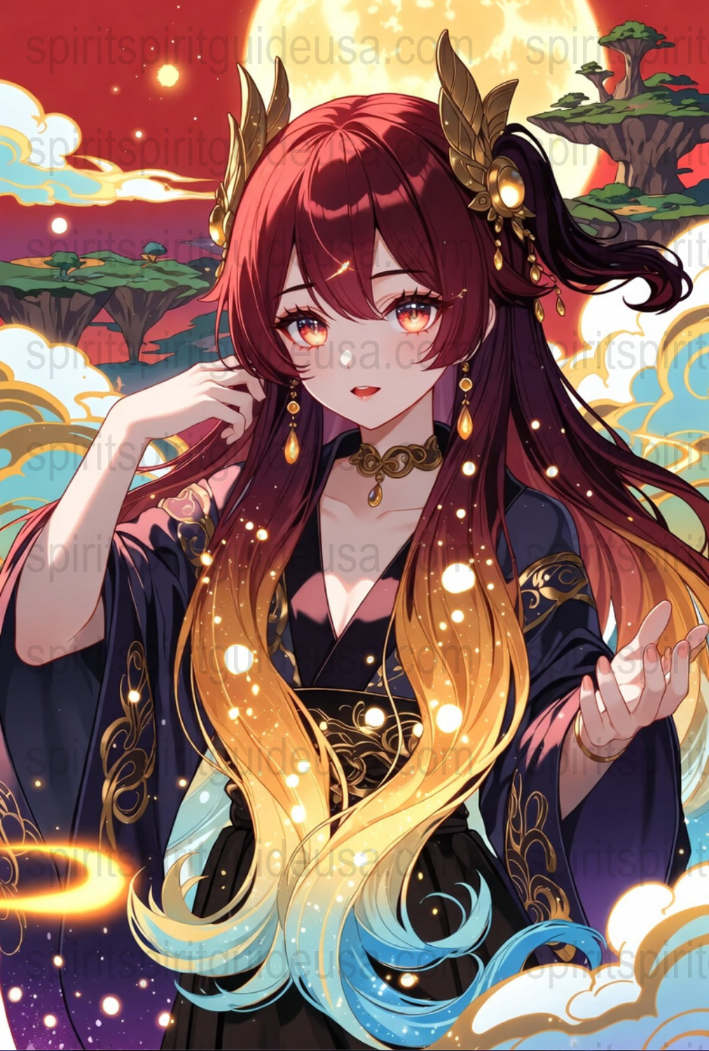 Fantasy Anime Art Print, Red-Haired Girl with Golden Horns, Colorful Digital Illustration, Vibrant Wall Decor, Mystical Poster