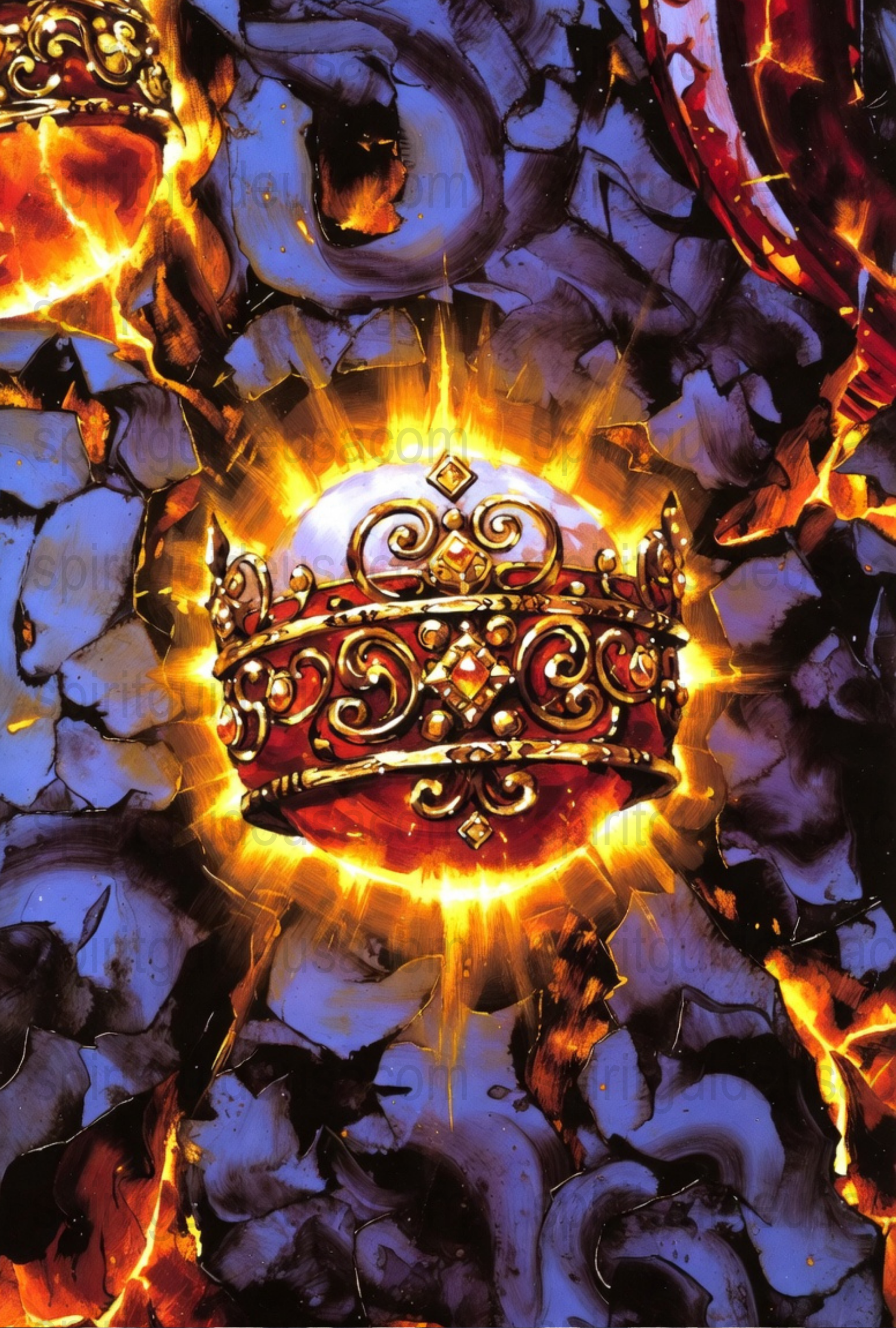 Royal Crown in Fiery Ambiance, Legendary King's Emblem, Fantasy Art Poster, Striking Wall Decor, Vibrant Colors, Collectible Artwork