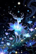 Mystical Glowing Deer in Forest Night Sky Stars Fantasy Art Poster Print